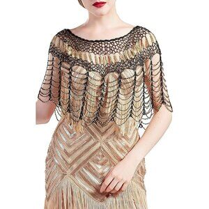 BABEYOND 1920s Black Gold Shawl Wrap Evening Cape Bridal Bolero Flapper Cover